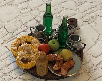 Miniature dollhouse artisan OCTOBERFEST party serving/bread board bratwurst dinner for two 1:12