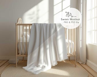 May include: A white crib with a white and gray blanket draped over it. The crib is in a room with a window and a white rug on the floor. The text "Sweet Mockup PNG & PSD file" is visible in the image.