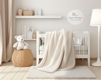 May include: A white crib with a white and gray checkered blanket, a white teddy bear sitting on a wicker stool, and a white lamp with a white shade. The crib is in a white room with a white shelf and a white curtain.