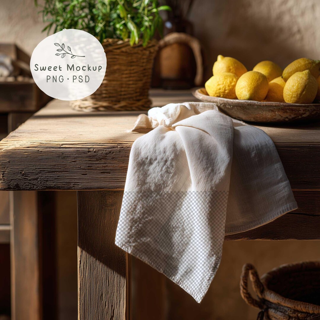 Tea Towel Mockup in a Rustic Kitchen With Lemons, Mock-up, PNG and PSD ...