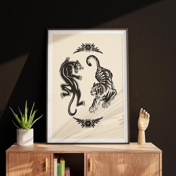 American Traditional Tattoo Style Panther and Tiger Flash Wall Art Print Aesthetic (Digital Download)