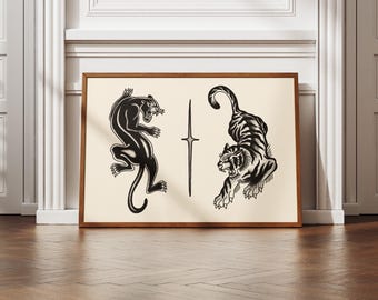 Digital Download American Traditional Tattoo Style Panther and Tiger Flash Wall Art Print Aesthetic Horizontal Landscape