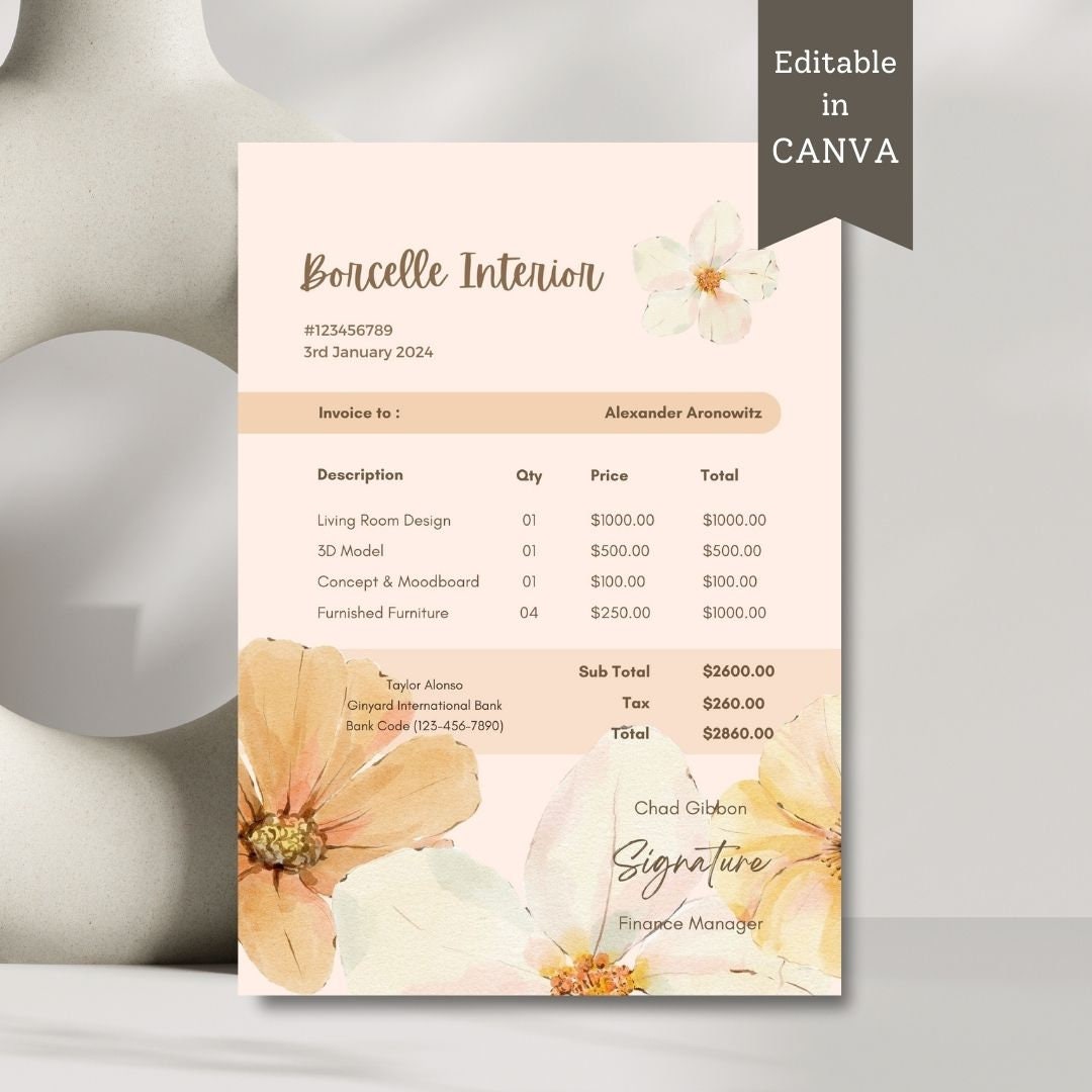 Invoice Template With Flower Pattern, Editable Canva Design, Business Invoice Template With Flower Pattern, Editable Canva Design, Business