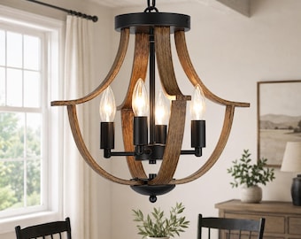 Rustic Faux Wood Farmhouse Chandelier, 4-Light Pendant Ceiling Light