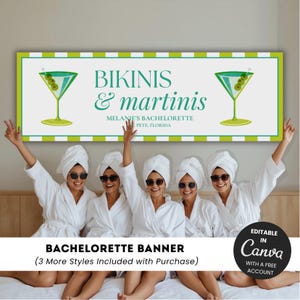 Peut inclure: Une bannière rectangulaire avec un fond blanc et une bordure à carreaux vert citron. Le texte indique BIKINIS & martinis, MELANIE'S BACHELORETTE, ST. PETE, FLORIDA. Deux illustrations de verres à martini avec des olives vertes encadrent le texte.