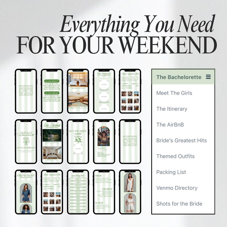 Op de afbeelding: Een digitale afbeelding met de tekst "Everything You Need FOR YOUR WEEKEND" en een reeks smartphoneschermen. De schermen tonen informatie voor een vrijgezellenfeest, waaronder "Meet The Girls" en "Packing List."