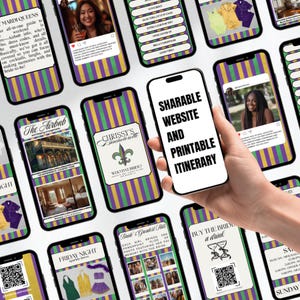 May include: A hand holding a smartphone displaying "SHARABLE WEBSITE AND PRINTABLE ITINERARY" text. Other phones show bachelorette party planning details, including dress codes, Airbnb info, and event schedules. The background features a purple, green, and gold striped pattern.