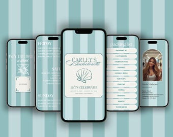 May include: Five smartphones displaying a bachelorette party itinerary and packing list against a striped background. The central phone features "Carley's Bachelorette" with a seashell graphic. Other screens show event details and a photo.