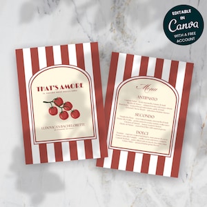 May include: Two red and white striped invitation cards with the text "THAT'S AMORE" and "LUDOVICA'S BACHELORETTE" in a decorative font. One card displays a menu with Italian food options. The Canva logo is in the upper right corner.