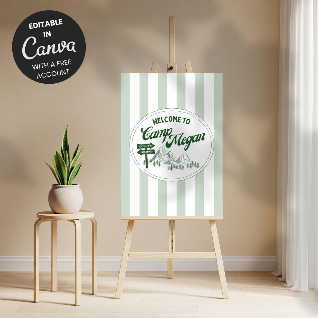Green Stripe Camp Welcome Sign | Bachelorette Party Decor (digital ...