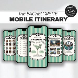 Könnte beinhalten: Ein mobiles Reisedesign für ein Junggesellinnenabschieds-Wochenende in New York City. Das Design zeigt fünf Smartphones, die verschiedene Abschnitte der Reiseroute anzeigen, darunter "Meet the Girls", "Itinerary", "Accommodation" und "Themed Fits".