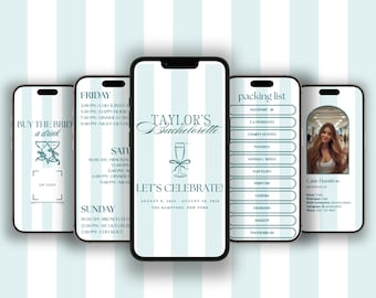 Sjabloon vrijgezellenreis: babyblauwe streep, bewerkbare canva-website (digitale download)