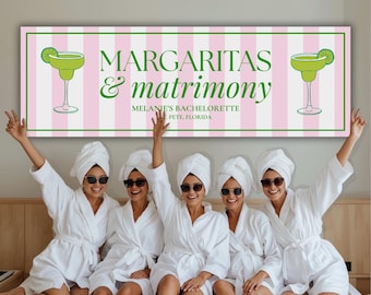 Margaritas e Matrimonio – Banner per addio al nubilato / Modello Canva modificabile / Banner stampabile fai da te / Download immediato / Motivo a righe rosa