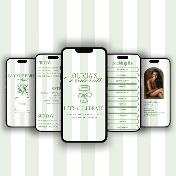 Light Green Stripe – Bachelorette Itinerary Editable Canva Template | Bachelorette Weekend Website | Bridal Party Schedule & Travel Guide
