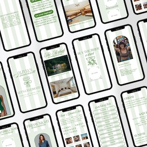 Op de afbeelding: Een verzameling smartphones met verschillende evenement-thema graphics. De schermen tonen tekst zoals "The Airbnb", "Buy the Bride a Drink" en "Packing List". Het algehele ontwerp bevat een groen en wit kleurenschema, wat wijst op een samenhangend evenementthema.