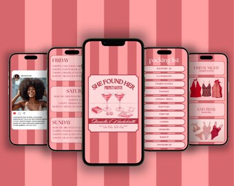 Modello Canva per l'itinerario di addio al nubilato - Sito web a righe rosa (download digitale)