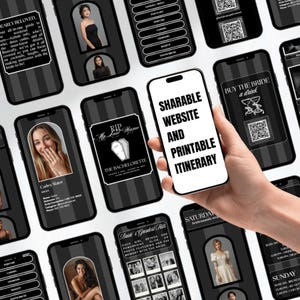 Könnte beinhalten: Ein Smartphone mit dem Text „TEILBARE WEBSITE UND DRUCKBARE REISEROUTE“ in der Hand. Andere Smartphones zeigen Details zur Junggesellinnenabschiedsparty, Fotos und QR-Codes. Das Thema ist eine Hochzeitsveranstaltung.