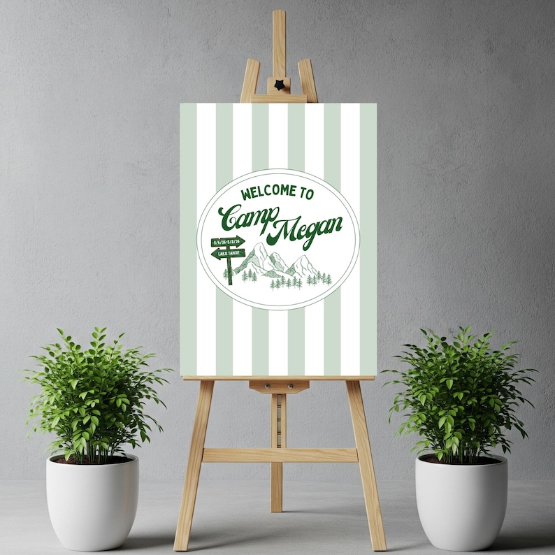 Green Stripe Camp Welcome Sign | Bachelorette Party Decor (digital ...