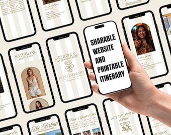 Pacchetto di modelli di itinerario modificabili a righe neutre: invito stampabile + sito web mobile condivisibile / pianificatore di viaggi per addio al nubilato