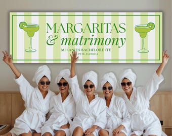 Margaritas e Matrimonio – Banner per addio al nubilato / Modello Canva modificabile / Banner stampabile fai da te / Download immediato / Motivo a righe verdi