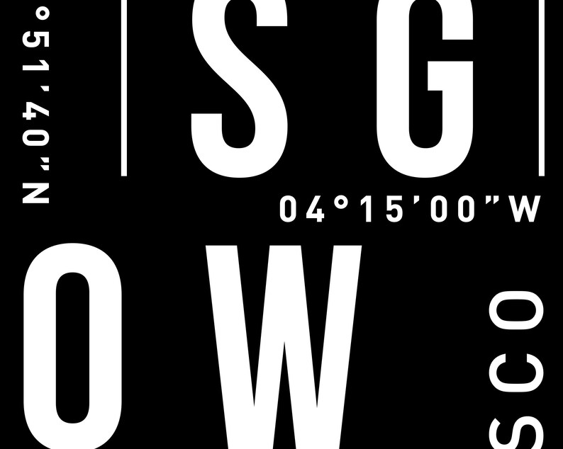 May include: A black and white graphic design with the word "SCOW" in large white letters. The text "SG" is above the word "SCOW" and the coordinates "51.40&deg; N 04&deg;15'00" W" are below the word "SCOW".
