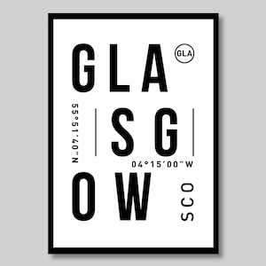 May include: Black and white graphic design print with the text "GLASGOW" in a bold, sans-serif font. The text is arranged vertically with the letters "GLAS" at the top and "GOW" at the bottom. The letters "SG" are centered between the two words. The coordinates "55&deg;51&prime;40"N" and "04&deg;15&prime;00"W" are printed to the left and right of the letters "SG". The text "THE TYPE QUARTER" is printed in a smaller font at the bottom right corner of the print.