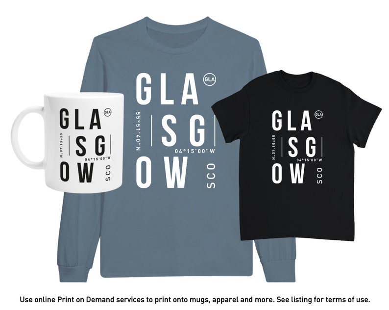 May include: A set of three items featuring the text "GLASGOW" with coordinates. The set includes a white mug, a light blue long-sleeve shirt, and a black t-shirt.