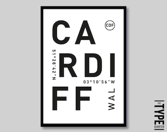 Cardiff Typography Print: Minimalist Black and White Wall Art (Digital Download)
