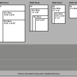 May include: A diagram showing the different sizes of paper, A1, A2, A3, and A4, with their dimensions in inches and centimeters. The diagram also shows a gray sofa with the text "TYPICAL SOFA WIDTH (205cm/80") SHOWN FOR SCALE".