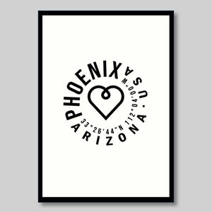 May include: Black and white graphic design of a heart with the text "PHOENIX, ARIZONA, U.S.A. 33°26'44"N 112°04'00"M."
