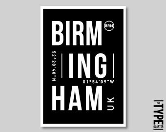Birmingham Typography Print: Minimalist Black and White Wall Art (Digital Download)