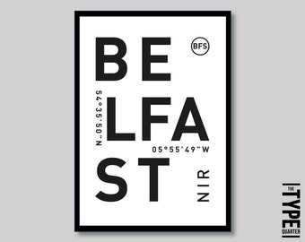 Belfast Typography Print: Minimalist Black and White Travel Poster (Digital Download)