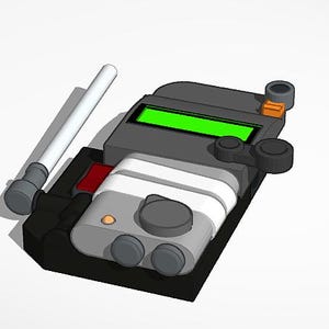 May include: A black and gray handheld device with a green screen, a white antenna, and multiple buttons. The device has a white and gray section with a round knob and two smaller buttons.