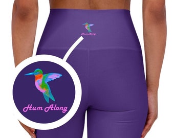 Purple leggings Hummingbird print Custom design yoga pants For pilates meditation Active athleisure sports leggings Stretchy form fit style