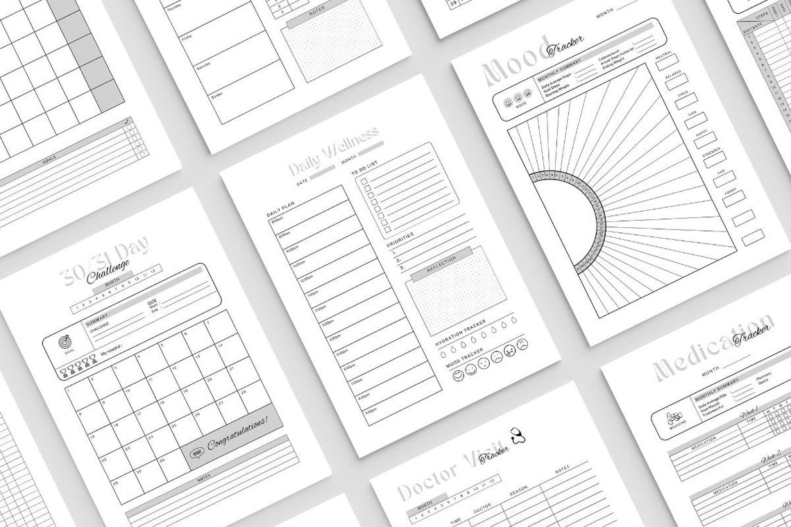 Printable Wellness &amp; Fitness Planner Bundle Undated Health Planner Mood ...