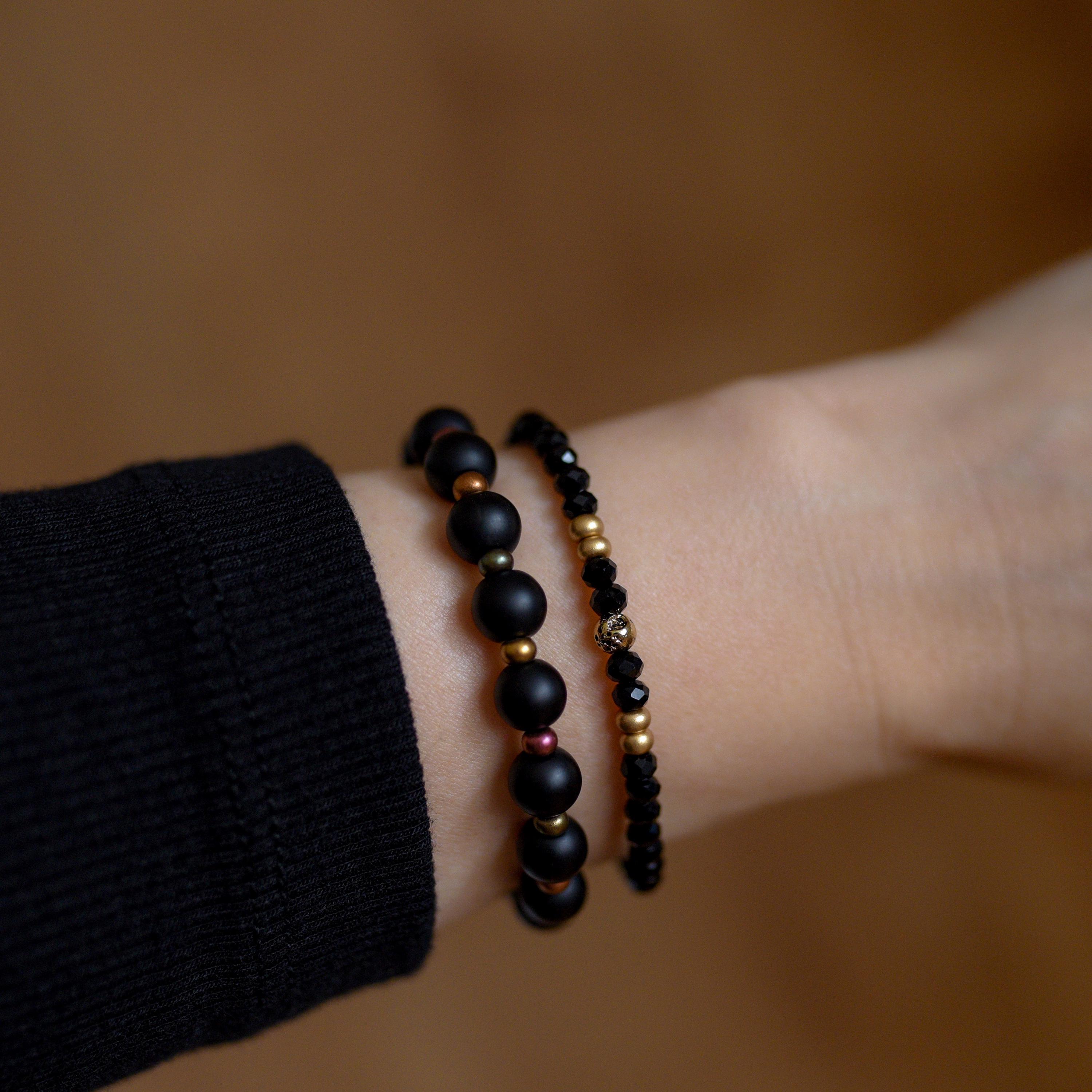 ブラックオニキスビーズブレスレットセット：ボヘミアン風重ね着