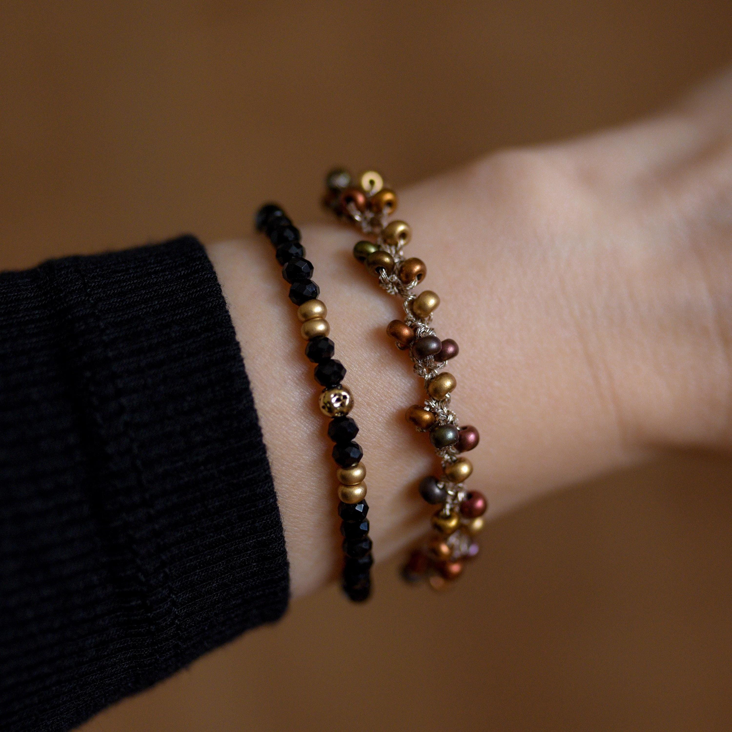 ブラックオニキスビーズブレスレットセット：ボヘミアン風重ね着