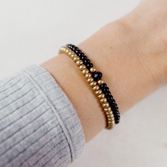 ブラックオニキス＆ゴールドビーズブレスレットセット：ボヘミアン風