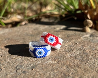 Evil Eye Ring (RED or BLUE; Peyote Stitch Delica Glass Beads)