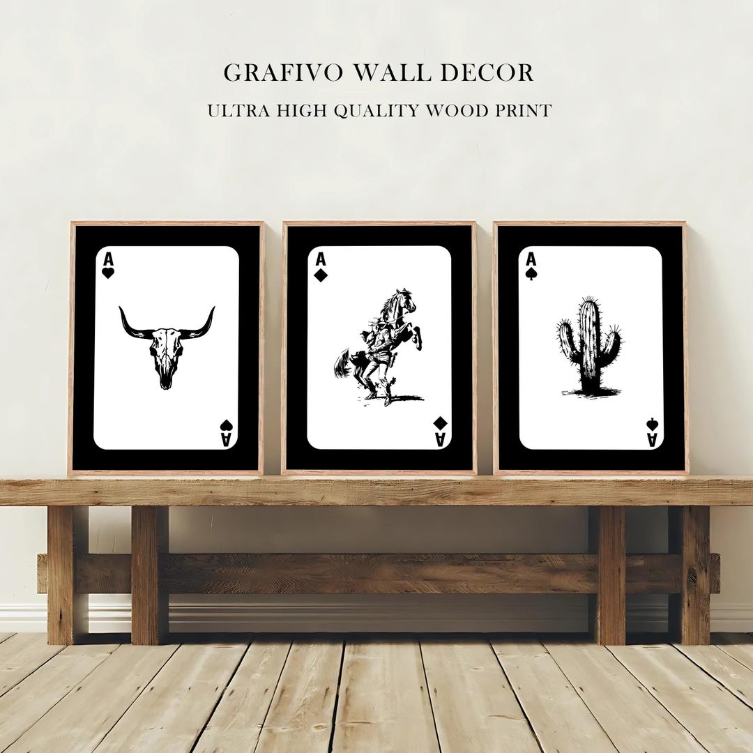 Western Wall Art Set of 3 – Cowboy Playing Card Inspired Prints on Wood ...