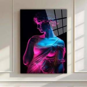 Statue di donna viola al neon in vetro temperato - Arte murale - Decorazione murale della vita dell'albero - Stampa su vetro - Grande arte murale - Parete