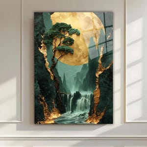 Arte murale in vetro temperato con foresta verde natura 3D - Arte murale macchiata - Decorazione murale con vita di un albero - Stampa su vetro - Grande arte murale - Arazzi