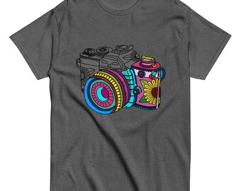 T-shirt classique pour homme, cadeau photographe, t-shirt pour appareil photo, t-shirt photo cool, cadeau pour un ami, t-shirt graphique pour homme, t-shirt graphique floral.