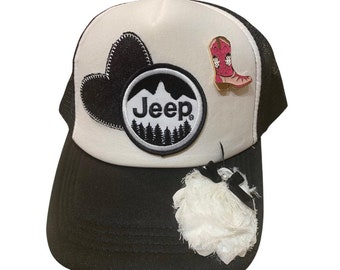 Custom Black White Trucker Hat with Jeep, Heart, Floral Patch and Pink Boot Pin