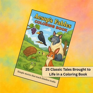 Op de afbeelding: Een kleurboekomslag met Aesopus Fabelen met illustraties van een schildpad, een kikker, een konijn, een wolf en een raaf. De tekst op de omslag luidt "Aesopus Fabelen Kleurboek" en "25 klassieke verhalen tot leven gebracht in een kleurboek".