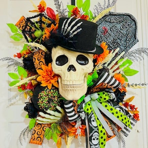 Couronne de tête de mort, squelette d&#39;Halloween, skelly, couronne de tête de mort de luxe, Halloween floral