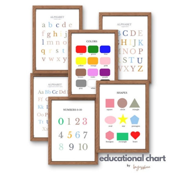 Educational Charts Bundle for Kids - ABC, 123, Colors & Shapes - Printable Learning Materials - Pre-school Wall Art