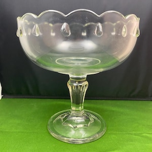 Vintage Indiana Glass Clear Scalloped Edge Teardrop Design Pedestal Bowl