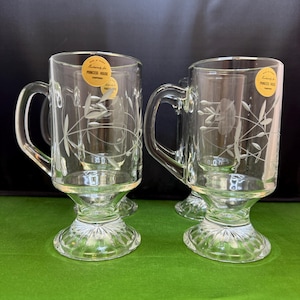 Vintage Princess House Heritage Pattern Clear Glass Irish coffee Mugs, Set of 4
