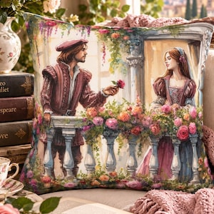 Romeo and Juliet Pillow, Shakespeare Literary Decor, Balcony Scene Pillow, Romantic Book Nook Decor, English Teacher Gift